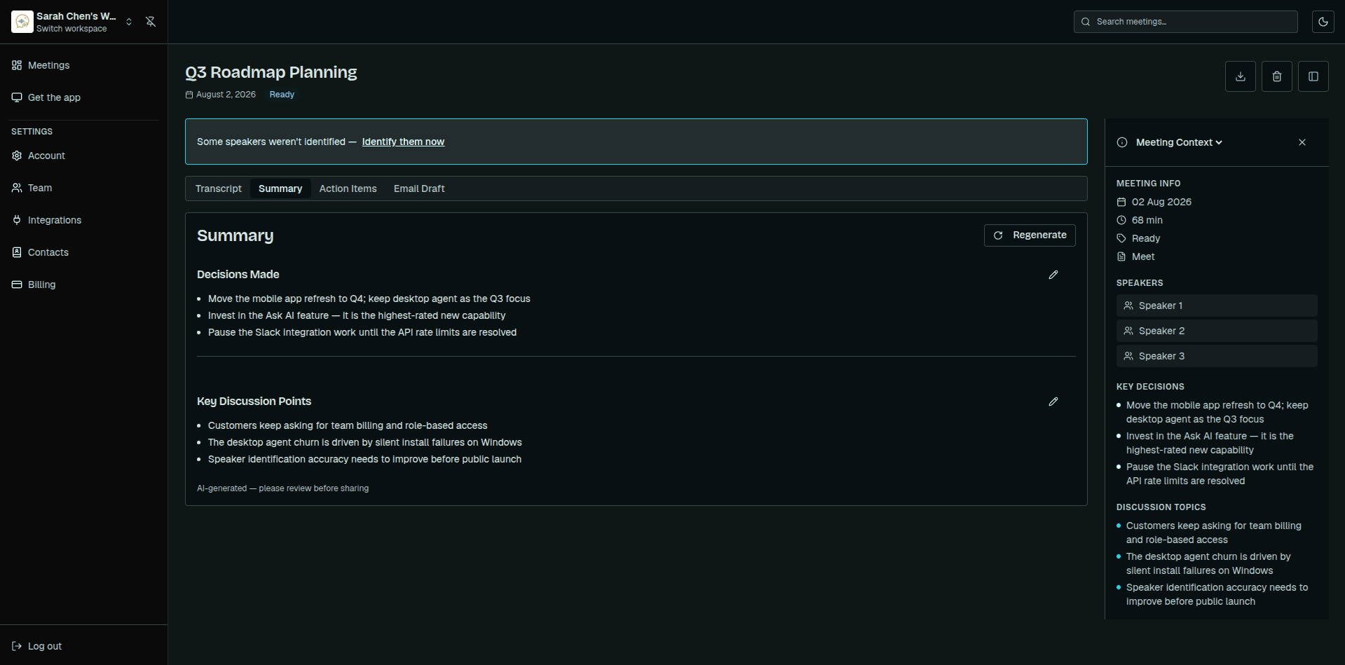 QuietRecap dashboard — meetings, transcripts and extracted action items