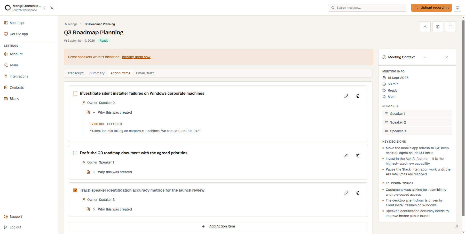 QuietRecap Action Items view with owners, evidence controls, and an Asana sync action
